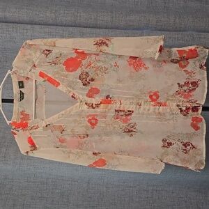 Eddie Bauer Floral Sheer Blouse - Red and Cream Size Large